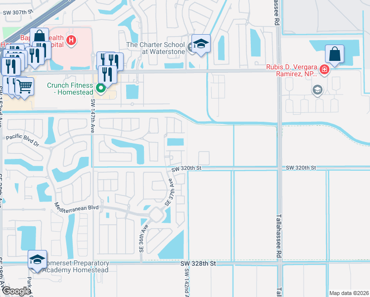map of restaurants, bars, coffee shops, grocery stores, and more near 3803 Northeast 2nd Street in Homestead