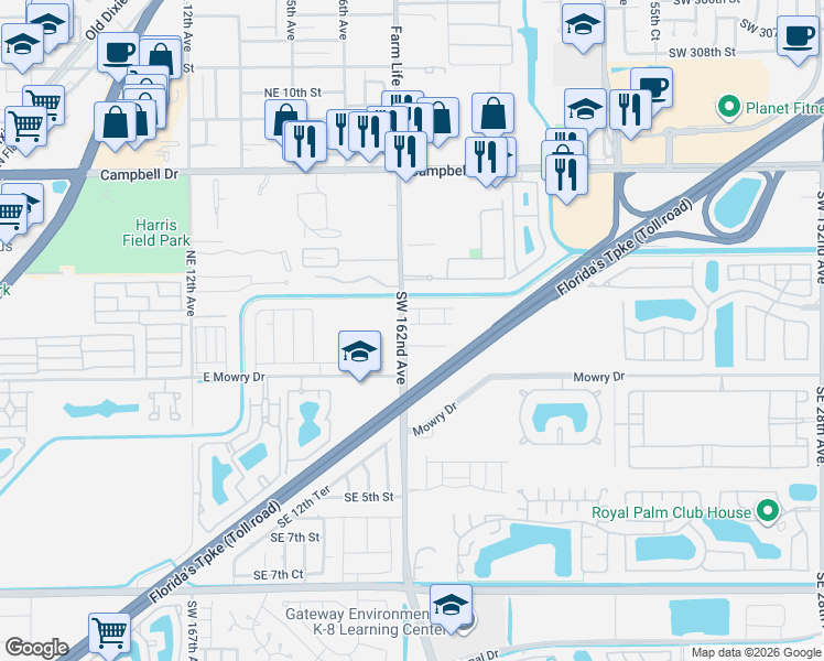 map of restaurants, bars, coffee shops, grocery stores, and more near 1800 Northeast 2nd Street in Homestead
