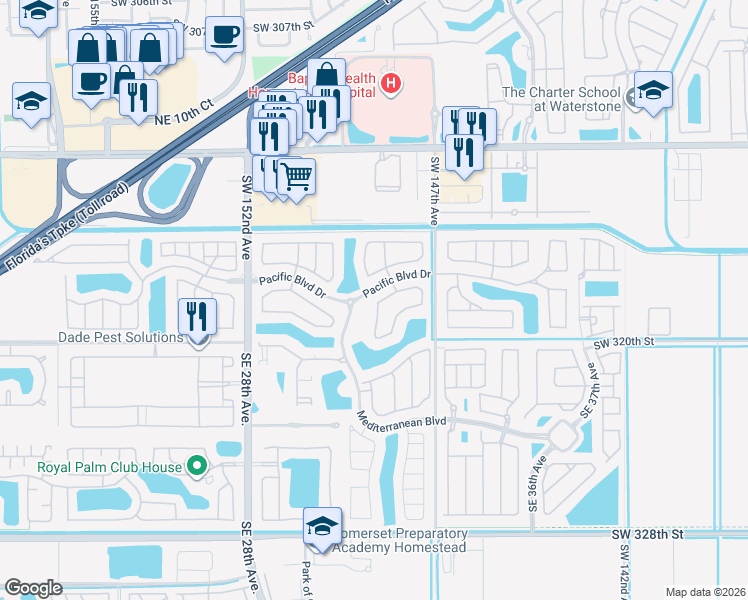 map of restaurants, bars, coffee shops, grocery stores, and more near Mediterranean Boulevard in Homestead