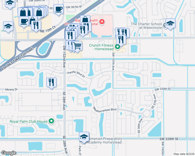 map of restaurants, bars, coffee shops, grocery stores, and more near Mediterranean Boulevard in Homestead