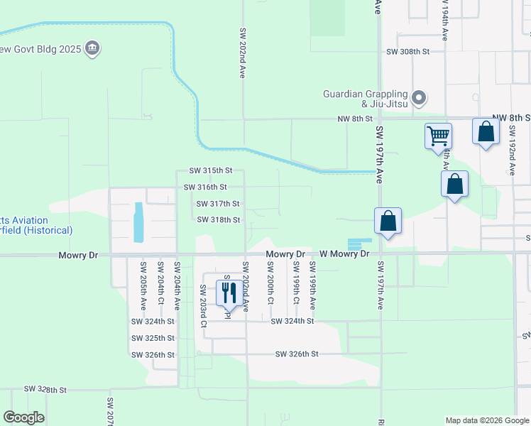 map of restaurants, bars, coffee shops, grocery stores, and more near 31765 Southwest 202nd Avenue in Homestead