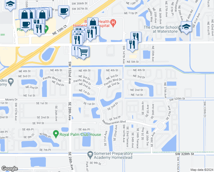 map of restaurants, bars, coffee shops, grocery stores, and more near 3103 Northeast 2nd Drive in Homestead