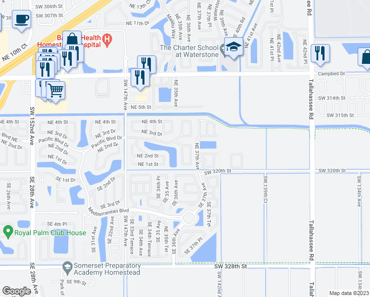 map of restaurants, bars, coffee shops, grocery stores, and more near 257 Northeast 36th Avenue Road in Homestead