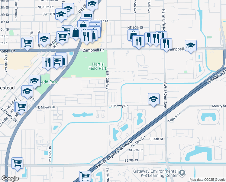 map of restaurants, bars, coffee shops, grocery stores, and more near 99 Northeast 12th Avenue in Homestead