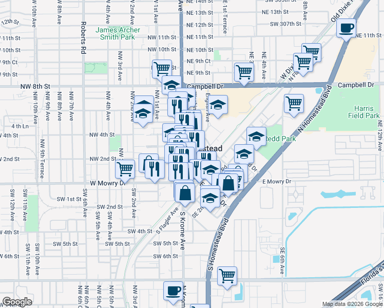 map of restaurants, bars, coffee shops, grocery stores, and more near 140 Washington Avenue in Homestead