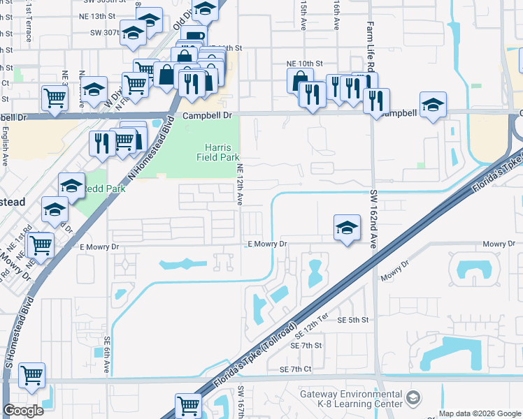 map of restaurants, bars, coffee shops, grocery stores, and more near 99 Northeast 12th Avenue in Homestead