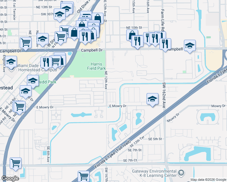 map of restaurants, bars, coffee shops, grocery stores, and more near 99 Northeast 12th Avenue in Homestead