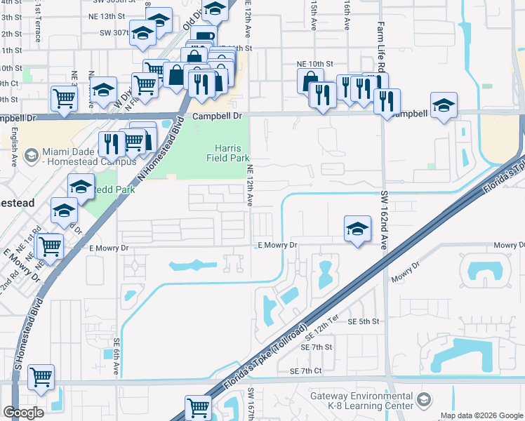 map of restaurants, bars, coffee shops, grocery stores, and more near 99 Northeast 12th Avenue in Homestead