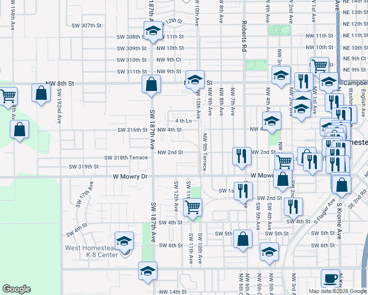 map of restaurants, bars, coffee shops, grocery stores, and more near 1225 Northwest 2nd Street in Homestead