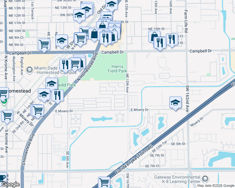 map of restaurants, bars, coffee shops, grocery stores, and more near 220 Northeast 12th Avenue in Homestead