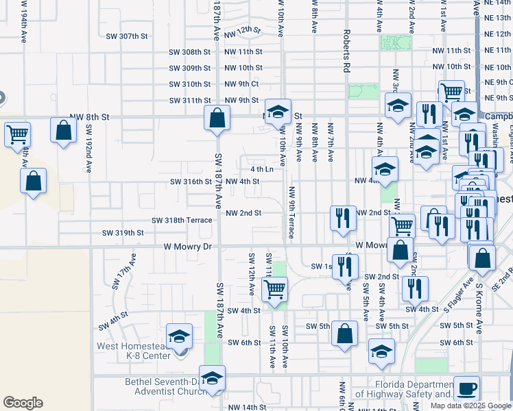 map of restaurants, bars, coffee shops, grocery stores, and more near 1225 Northwest 2nd Street in Homestead