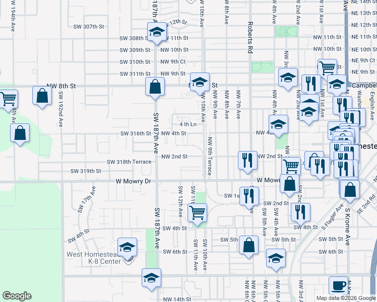 map of restaurants, bars, coffee shops, grocery stores, and more near 1225 Northwest 2nd Street in Homestead