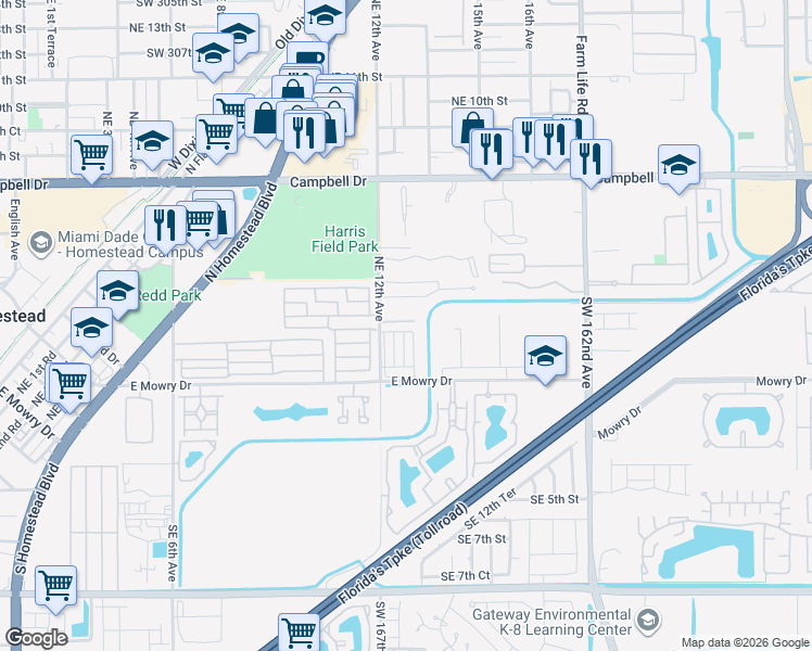 map of restaurants, bars, coffee shops, grocery stores, and more near 99 Northeast 12th Avenue in Homestead