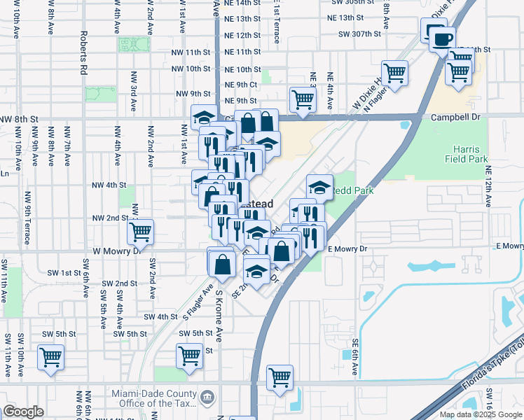 map of restaurants, bars, coffee shops, grocery stores, and more near 100 Northeast Civic Court in Homestead