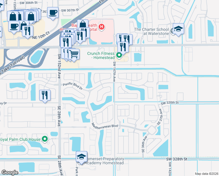 map of restaurants, bars, coffee shops, grocery stores, and more near 255 Northeast 32nd Terrace in Homestead