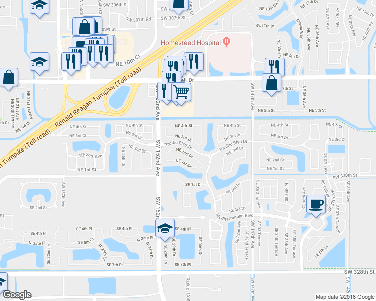 map of restaurants, bars, coffee shops, grocery stores, and more near 2961 Northeast 2nd Drive in Homestead