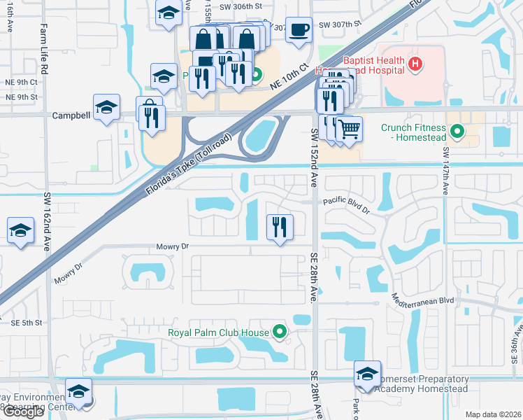 map of restaurants, bars, coffee shops, grocery stores, and more near 139 Northeast 26th Avenue in Homestead