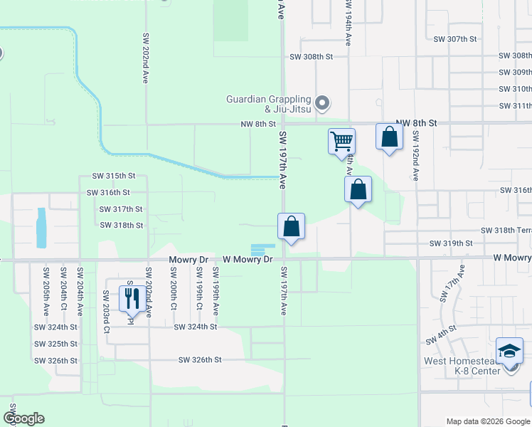 map of restaurants, bars, coffee shops, grocery stores, and more near 19836 Southwest 318th Street in Homestead