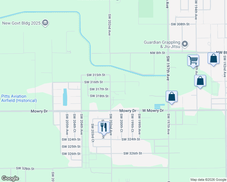 map of restaurants, bars, coffee shops, grocery stores, and more near 31765 Southwest 202nd Avenue in Homestead