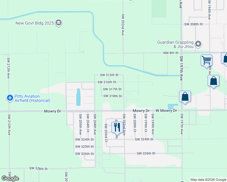 map of restaurants, bars, coffee shops, grocery stores, and more near 20301 Southwest 318th Street in Homestead