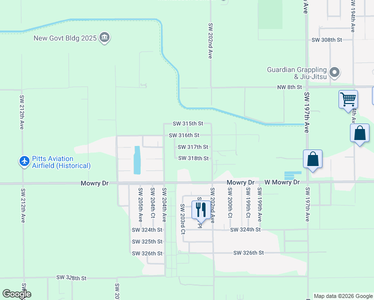 map of restaurants, bars, coffee shops, grocery stores, and more near 20301 Southwest 318th Street in Homestead