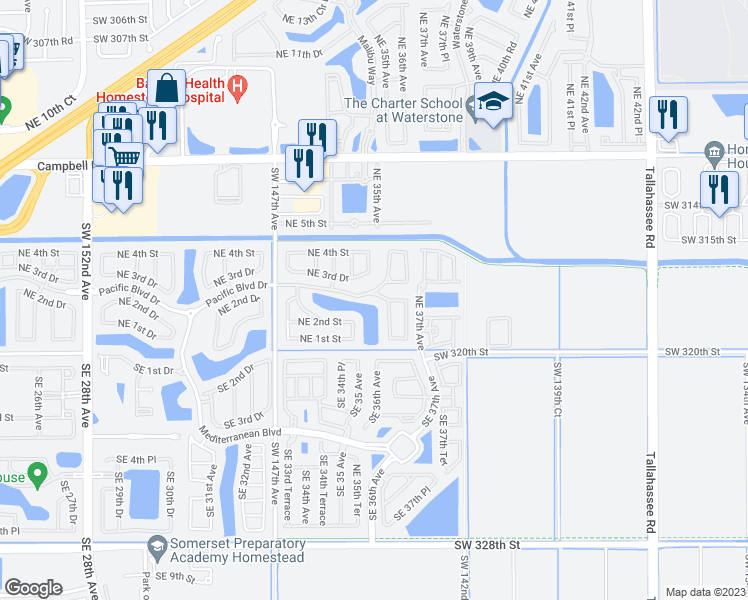 map of restaurants, bars, coffee shops, grocery stores, and more near 284 Northeast 36th Avenue Road in Homestead