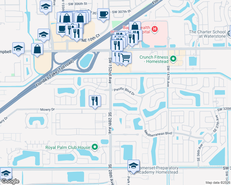 map of restaurants, bars, coffee shops, grocery stores, and more near 153 Northeast 28th Terrace in Homestead