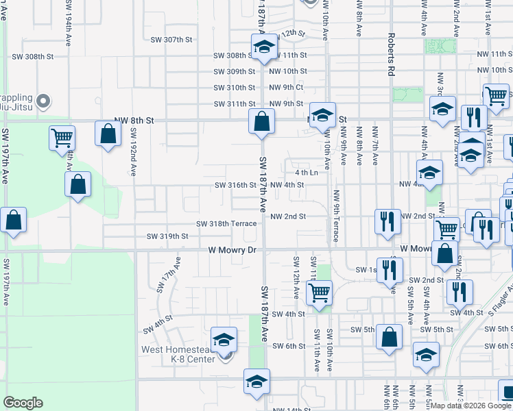 map of restaurants, bars, coffee shops, grocery stores, and more near 18741 Southwest 318th Terrace in Homestead