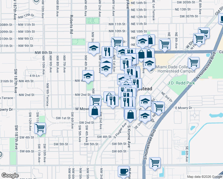 map of restaurants, bars, coffee shops, grocery stores, and more near 111 Northwest 3rd Street in Homestead