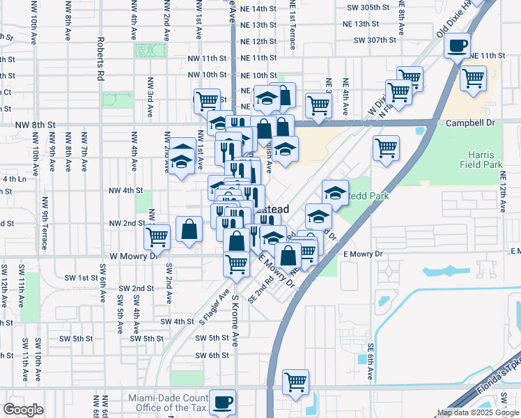 map of restaurants, bars, coffee shops, grocery stores, and more near in Homestead