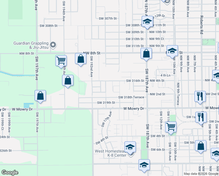 map of restaurants, bars, coffee shops, grocery stores, and more near 18950 Southwest 316th Street in Homestead