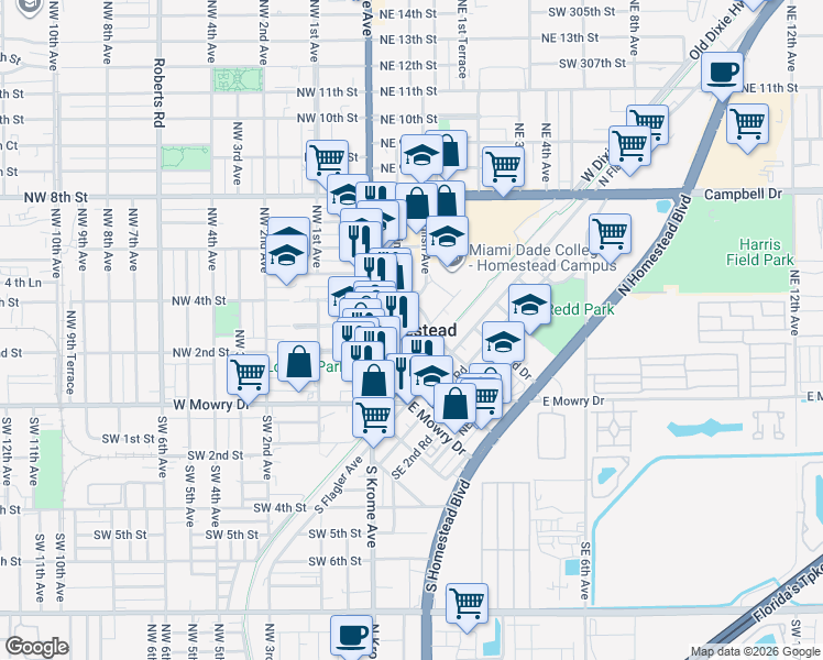 map of restaurants, bars, coffee shops, grocery stores, and more near 328 Washington Avenue in Homestead