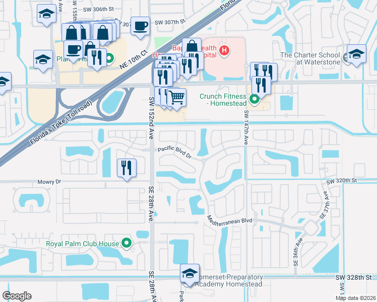 map of restaurants, bars, coffee shops, grocery stores, and more near 345 Northeast 29th Terrace in Homestead