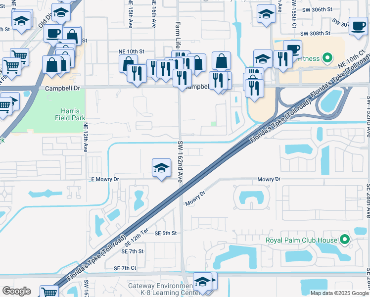 map of restaurants, bars, coffee shops, grocery stores, and more near 1808 Northeast 3rd Court in Homestead