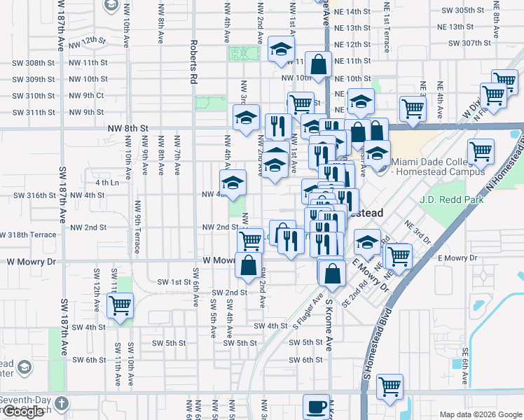 map of restaurants, bars, coffee shops, grocery stores, and more near 300 Northwest 2nd Avenue in Homestead
