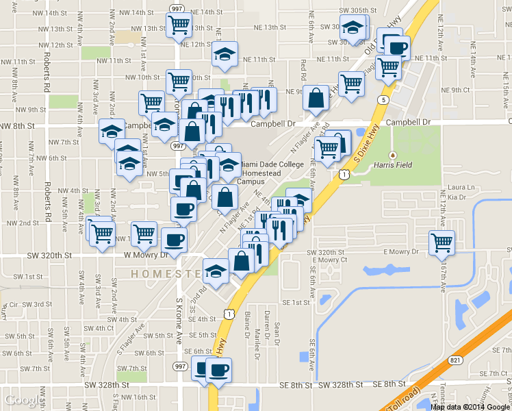 map of restaurants, bars, coffee shops, grocery stores, and more near 406 Northeast 1st Road in Homestead