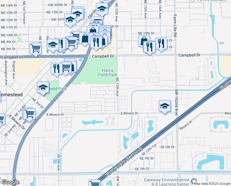 map of restaurants, bars, coffee shops, grocery stores, and more near 220 Northeast 12th Avenue in Homestead