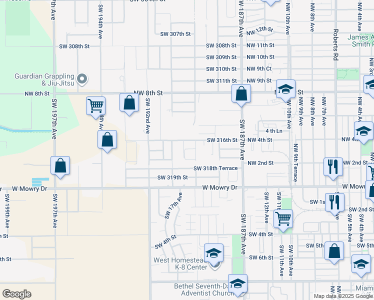 map of restaurants, bars, coffee shops, grocery stores, and more near 18950 Southwest 316th Street in Homestead