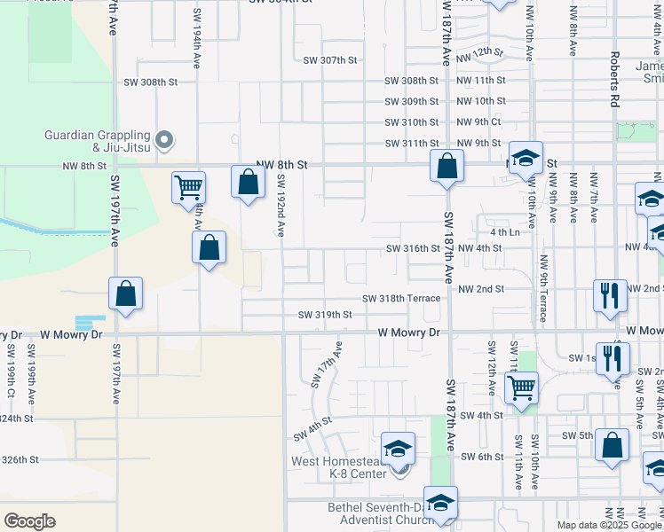 map of restaurants, bars, coffee shops, grocery stores, and more near 18950 Southwest 316th Street in Homestead
