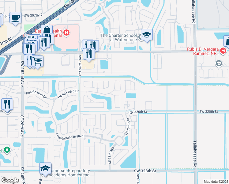 map of restaurants, bars, coffee shops, grocery stores, and more near 338 Northeast 36th Avenue Road in Homestead