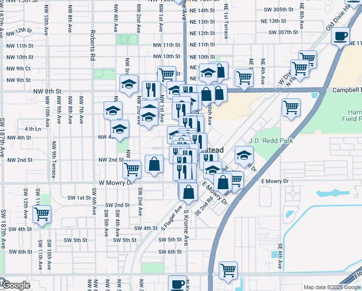 map of restaurants, bars, coffee shops, grocery stores, and more near 330 North Krome Avenue in Homestead