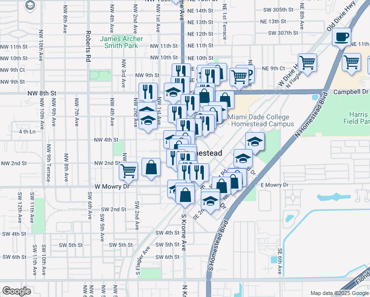 map of restaurants, bars, coffee shops, grocery stores, and more near 328 Washington Avenue in Homestead