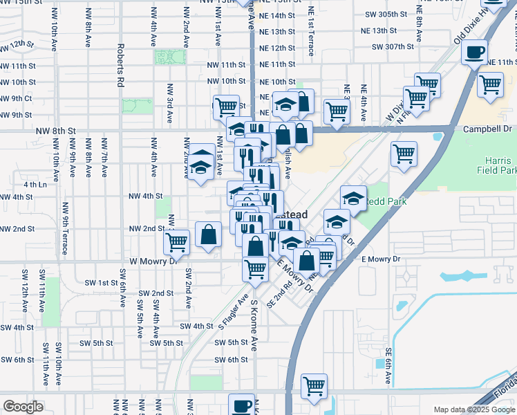 map of restaurants, bars, coffee shops, grocery stores, and more near in Homestead