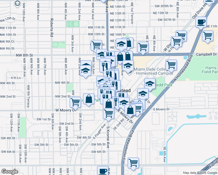 map of restaurants, bars, coffee shops, grocery stores, and more near in Homestead