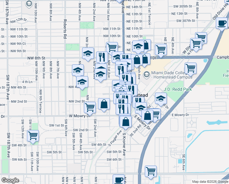 map of restaurants, bars, coffee shops, grocery stores, and more near 330 North Krome Avenue in Homestead