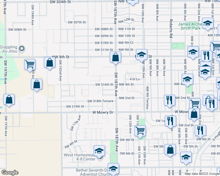 map of restaurants, bars, coffee shops, grocery stores, and more near 18735 Southwest 316th Terrace in Homestead