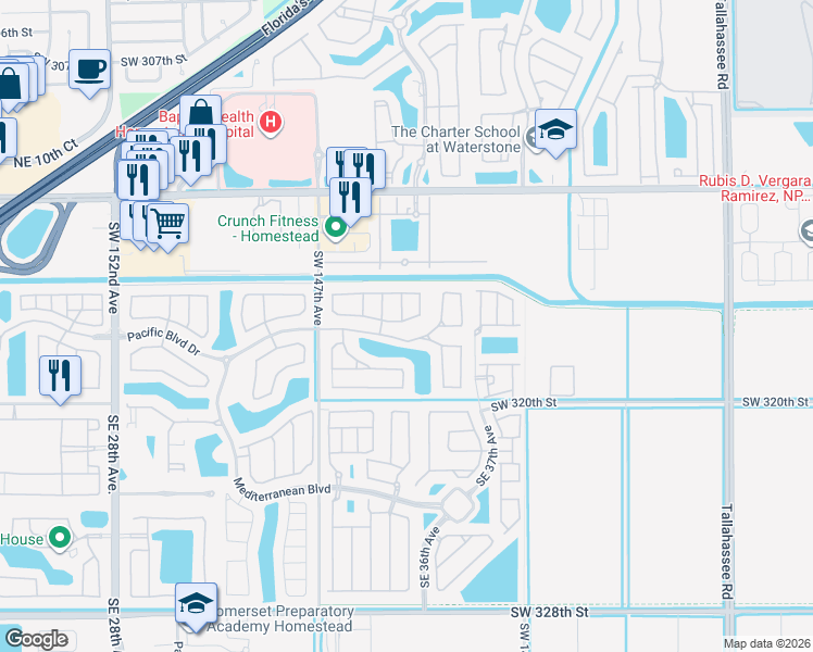 map of restaurants, bars, coffee shops, grocery stores, and more near 338 Northeast 36th Avenue Road in Homestead