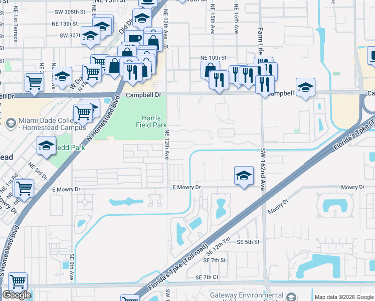 map of restaurants, bars, coffee shops, grocery stores, and more near 1430 Kia Drive in Homestead