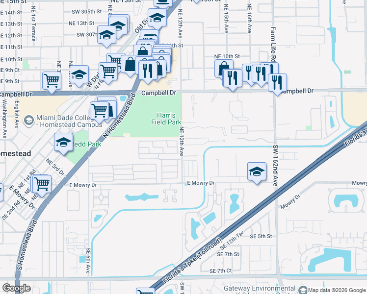map of restaurants, bars, coffee shops, grocery stores, and more near 1280 Kia Drive in Homestead