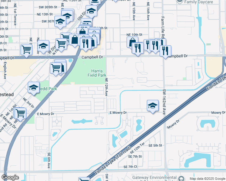 map of restaurants, bars, coffee shops, grocery stores, and more near 1280 Kia Drive in Homestead